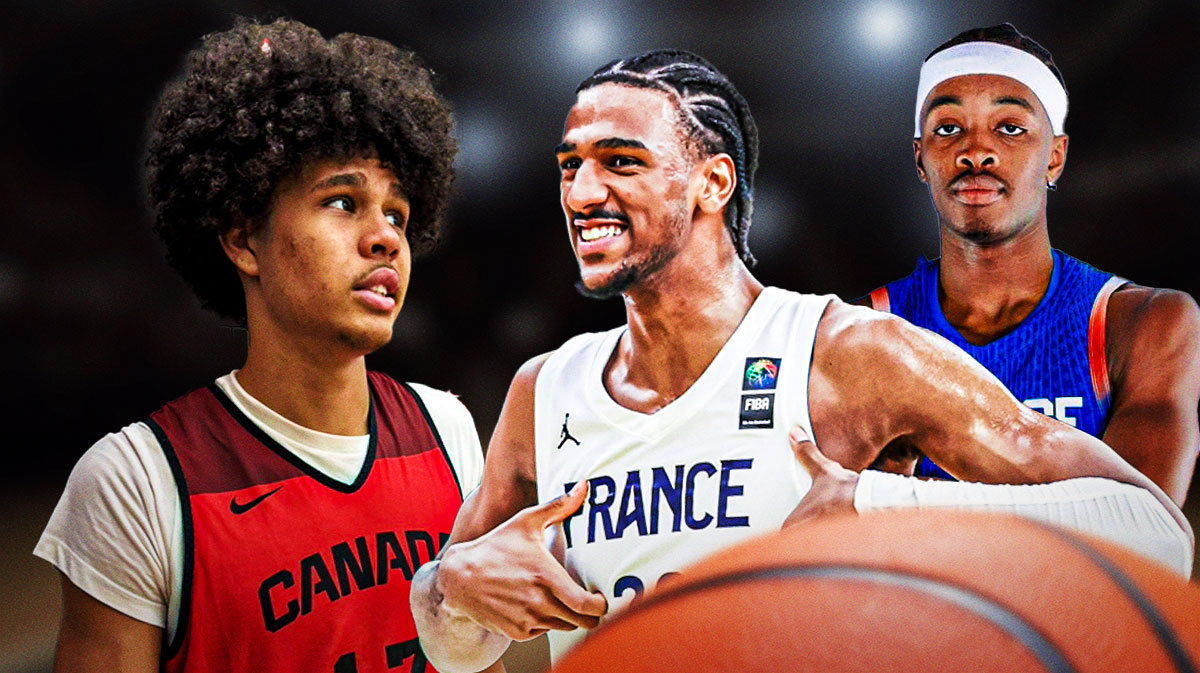 Kyshawn George in Canadian national team jersey, Alex Sarr and Bilal Coulibaly in France jerseys