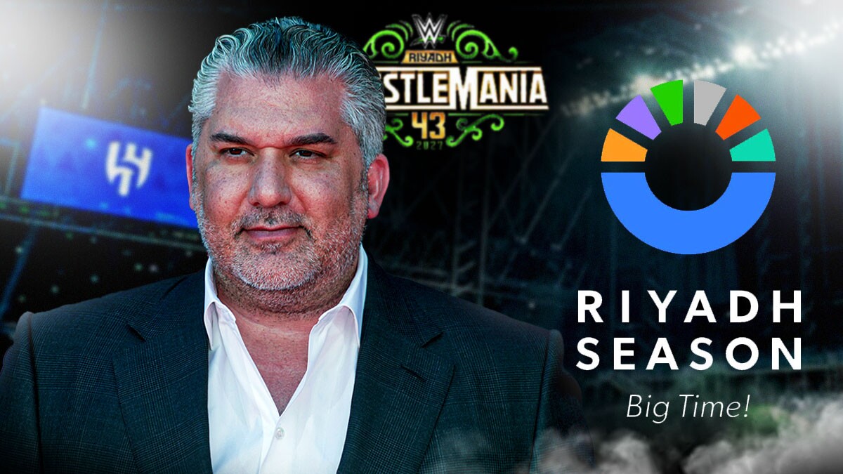 IMAGE: WWE President and CEO Nick Khan on the right side, WrestleMania 43 logo in center, Riyadh Season logo on the left side, Kingdom Arena (host of WWE Event "Night of Champions" in June 2025) in background