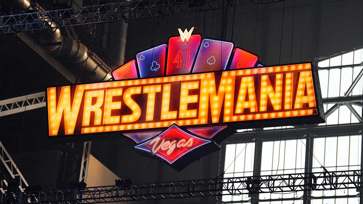 WrestleMania signage on display the WWE Royal Rumble at Lucas Oil Stadium.