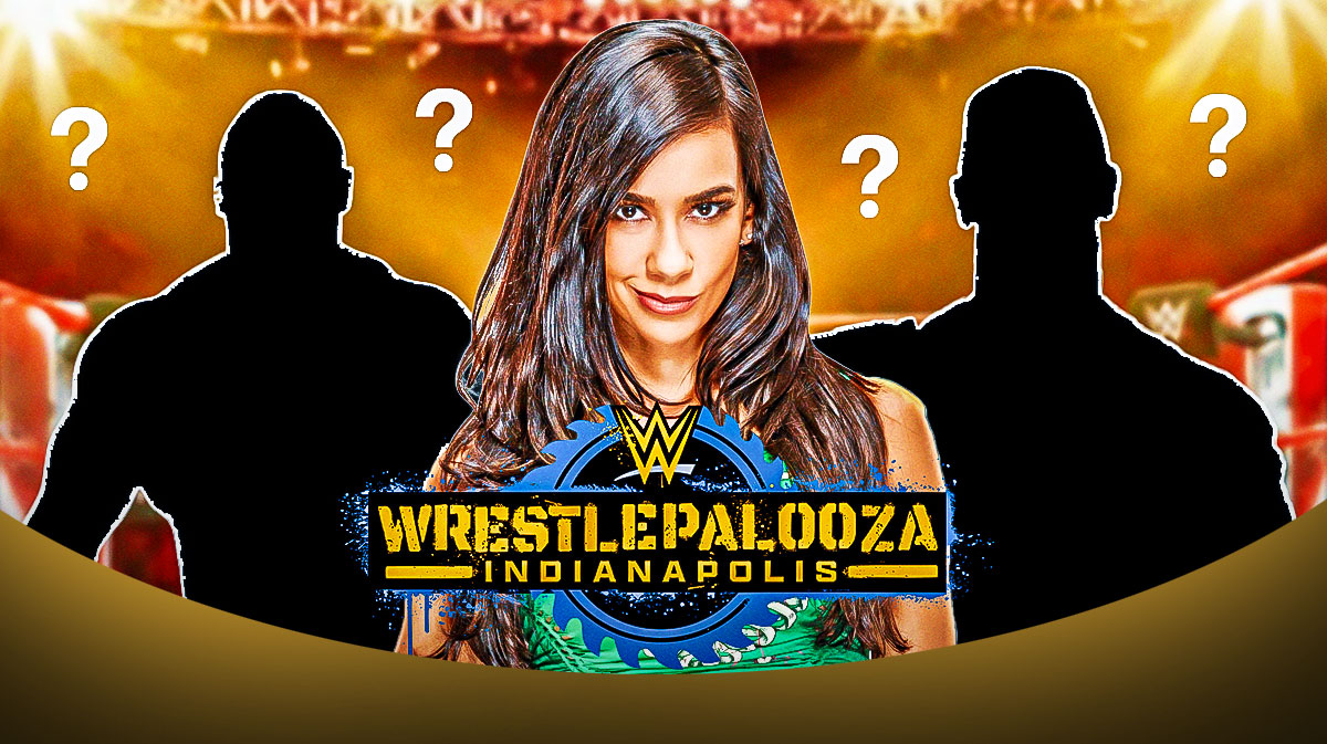 WWE Wrestlepalooza logo with silhouettes of Brock Lesnar and John Cena, the main event match, and AJ Lee in the middle.