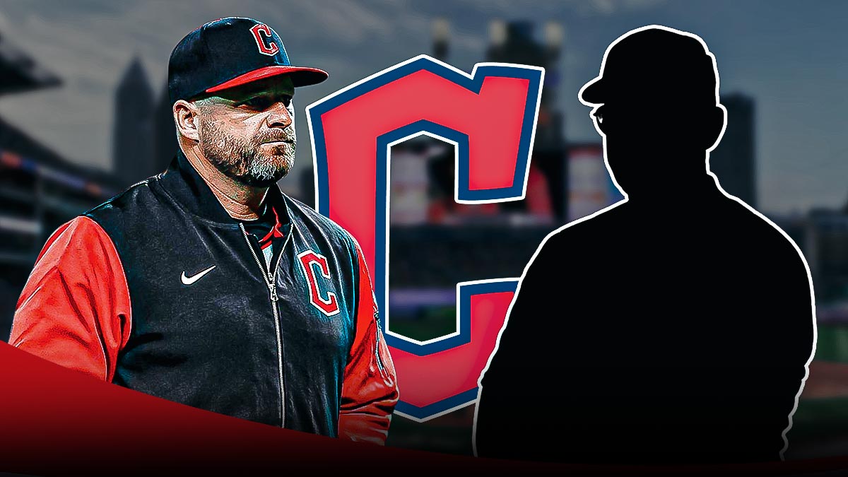 IMAGE: Cleveland Guardians manager Stephen Vogt on the left side, Cleveland Guardians logo in the center, blank player silhouette with question marks on the right side, Progressive Field (home stadium of the Cleveland Guardians) in background