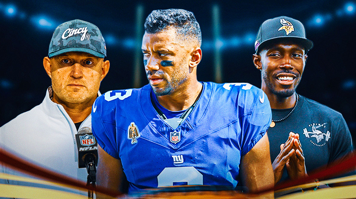 Giants QB Russell Wilson (center) looking down. Bengals GM Duke Tobin and Vikings GM Kwesi Adofo-Mensah behind him.