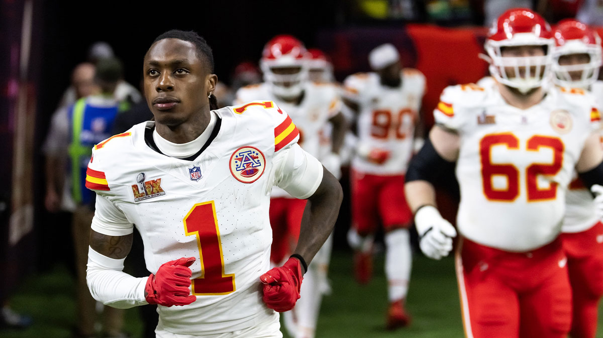 Feb 9, 2025; New Orleans, LA, USA; Kansas City Chiefs wide receiver Xavier Worthy (1) against the Philadelphia Eagles in Super Bowl LIX at Ceasars Superdome. Mandatory Credit: Mark J. Rebilas-Imagn Images