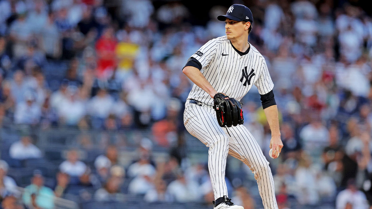New York Yankees pitcher Max Fried (54) throws a pitch during game one of the Wildcard round for the 2025 MLB playoffs against the Boston Red Sox at Yankee Stadium.