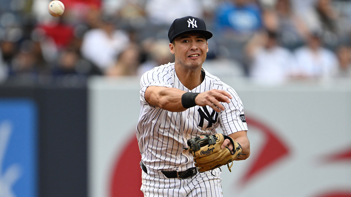 New York Yankees shortstop Anthony Volpe (11) throws the ball during the sixth inning against the Toronto Blue Jays at Yankee Stadium.