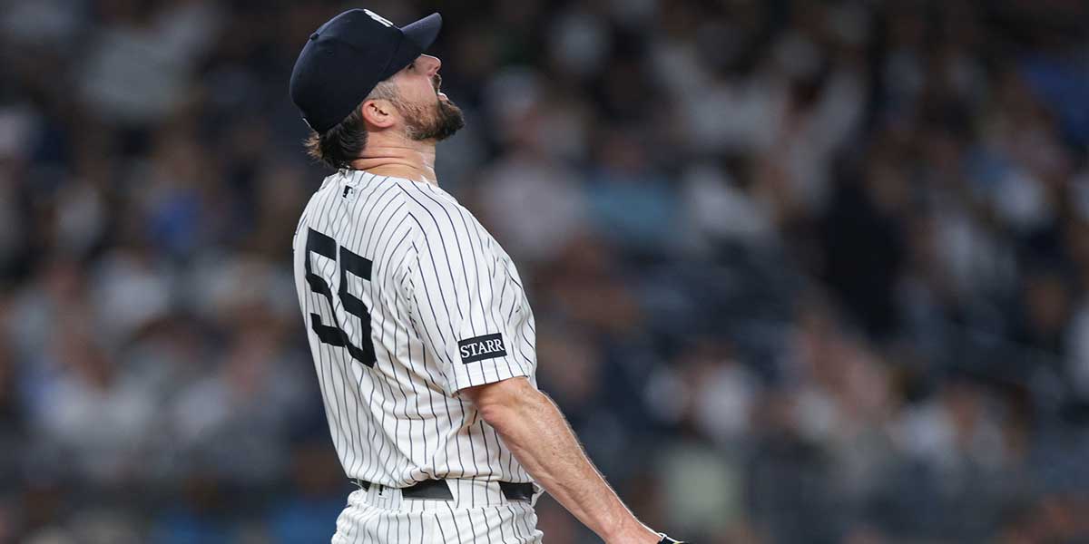 New York Yankees starting pitcher Carlos Rodon (55) reacts after allowing a two-run single to Detroit Tigers second baseman Gleyber Torres (not pictured) during the fifth inning at Yankee Stadium.