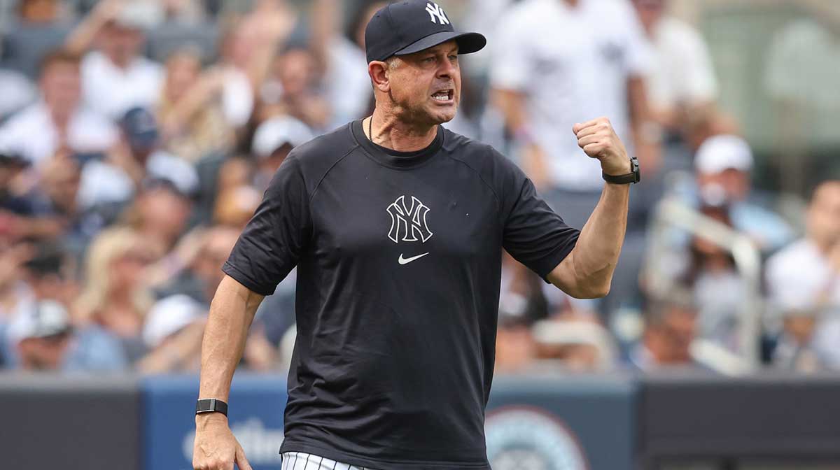 New York Yankees manager Aaron Boone (17) argues with first base umpire Dan Iassogna (58) in the fifth inning against the Baltimore Orioles at Yankee Stadium.