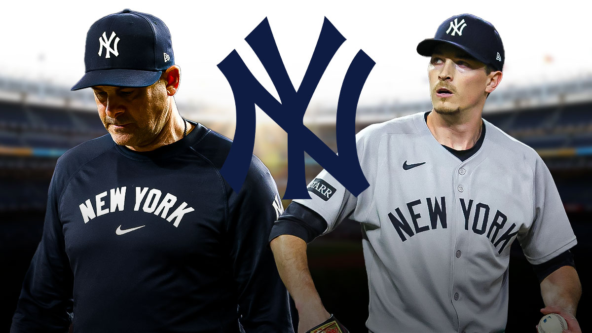 IMAGE: New York Yankees logo in center, New York Yankees manager Aaron Boone looking annoyed/upset/mad on left side, New York Yankees starting pitcher Max Fried on right side, Yankee Stadium (home field of the New York Yankees) in background