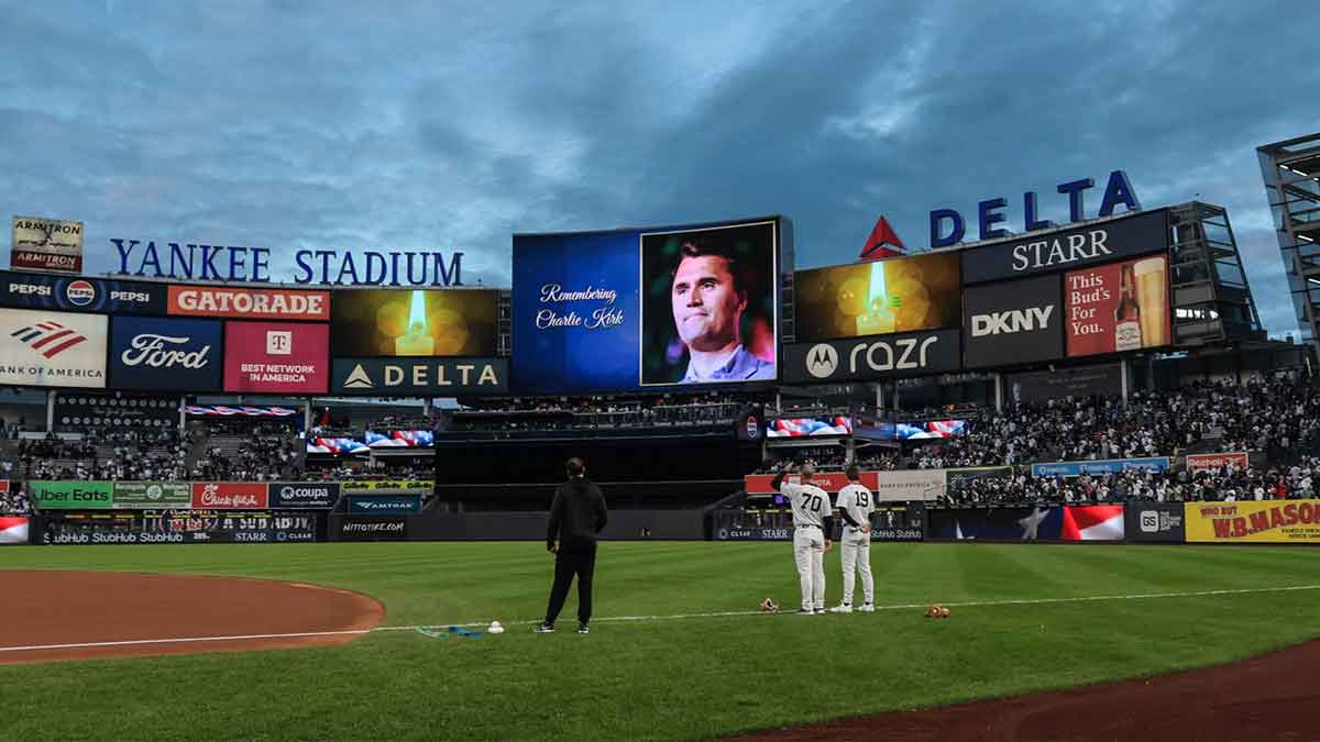 A general view of the main scoreboard at Yankee Stadium during a moment of silence for Charlie Kirk before the game between the New York Yankees and the Detroit Tigers.