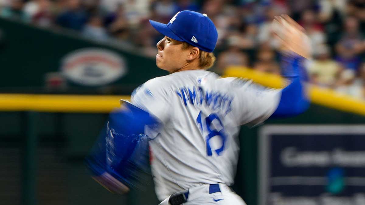 Los Angeles Dodgers starting pitcher Yoshinobu Yamamoto (18) on the mound in the first inning against the Arizona Diamondbacks at Chase Field.