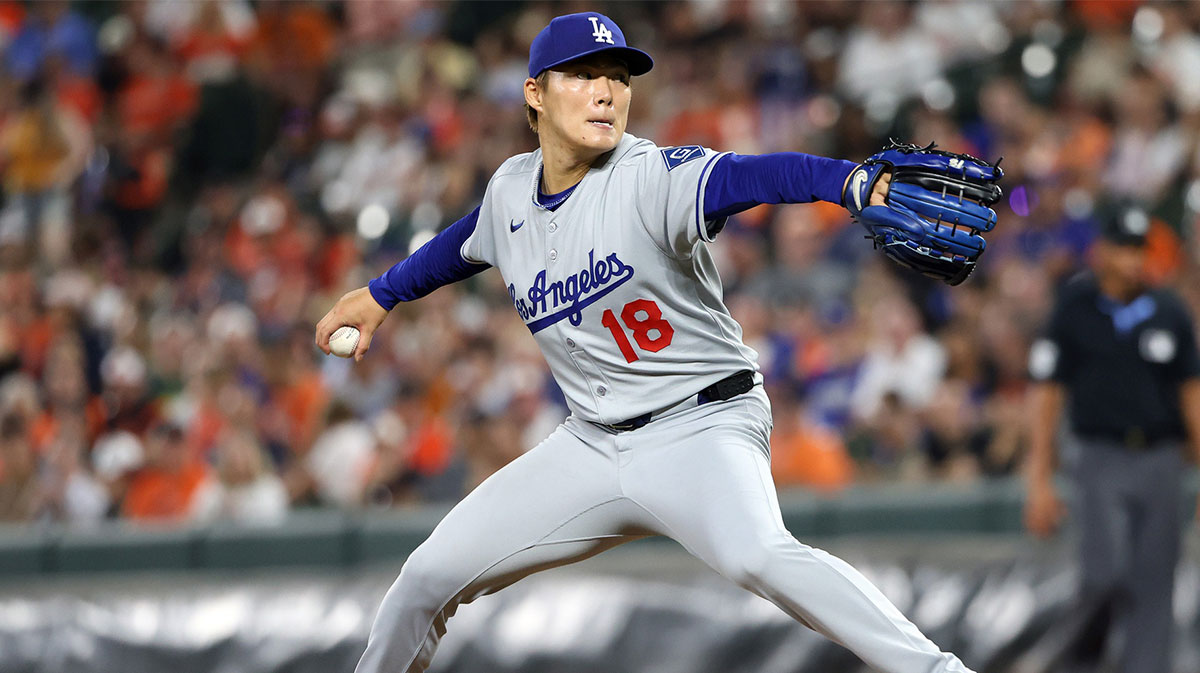 Los Angeles Dodgers pitcher Yoshinobu Yamamoto (18) throws during the ninth inning against the Baltimore Orioles at Oriole Park at Camden Yards.
