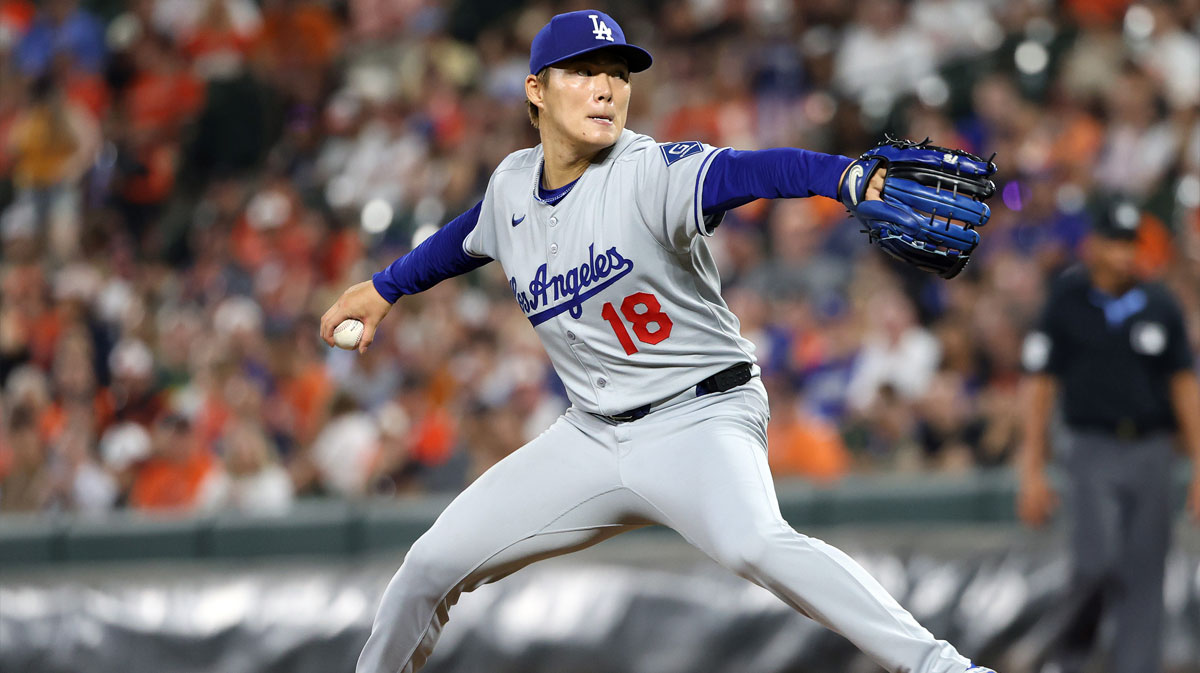 Sep 6, 2025; Baltimore, Maryland, USA; Los Angeles Dodgers pitcher Yoshinobu Yamamoto (18) throws during the ninth inning against the Baltimore Orioles at Oriole Park at Camden Yards. 