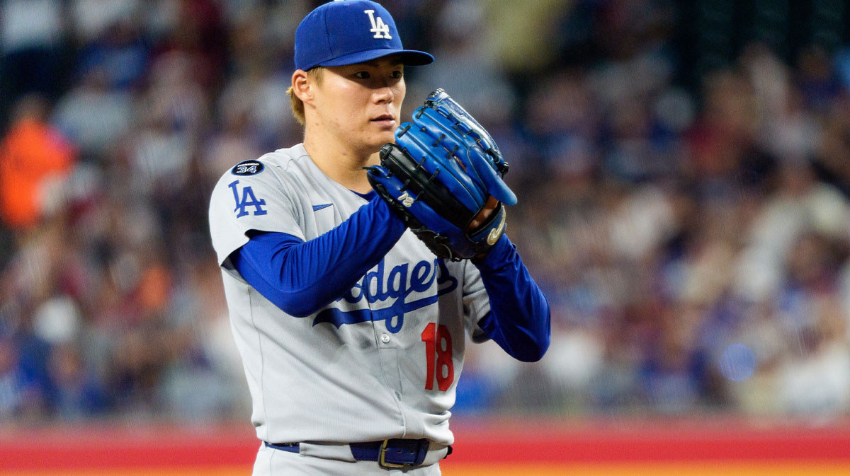 Los Angeles Dodgers pitcher Yoshinobu Yamamoto (18) on the mound in the seventh inning against the Arizona Diamondbacks at Chase Field.