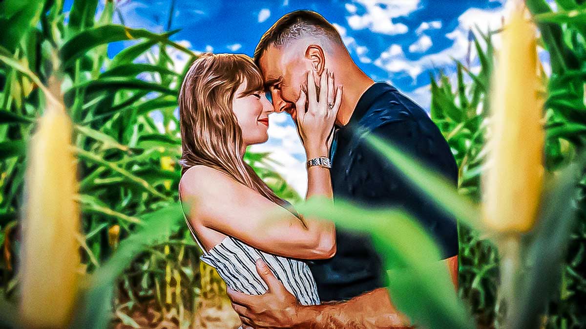 Taylor Swift and Kansas City Chiefs tight end Travis Kelce in a corn maze after their engagement.