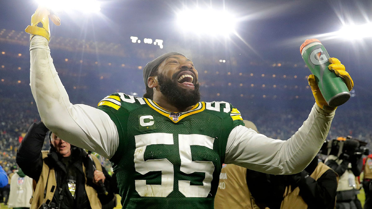Green Bay Packers outside linebacker Za'Darius Smith (55) celebrates the Packers' victory over the Seattle Seahawks during their NFC divisional round playoff football game on Sunday, January 12, 2020, at Lambeau Field in Green Bay, Wis. Green Bay defeated Seattle 28-23.