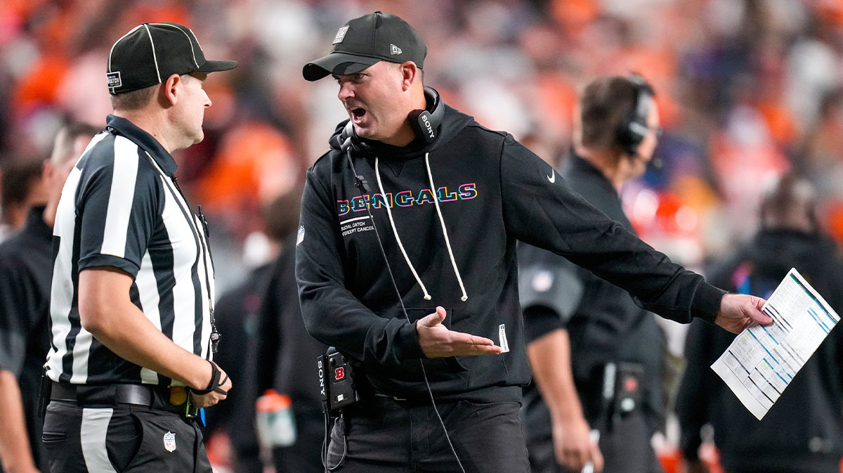 Cincinnati Bengals head coach Zac Taylor shouts to a referee in the fourth quarter of the NFL Week 4 Monday Night Football game between the Denver Broncos and the Cincinnati Bengals at Empower Field at Mile High in Denver on Monday, Sept. 29, 2025. The Bengals fell to 2-2 with a 28-3 loss to the Broncos.