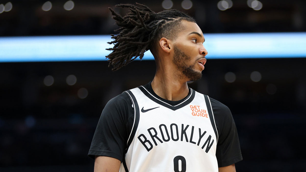 Mar 29, 2025; Washington, District of Columbia, USA; Brooklyn Nets forward Ziaire Williams (8) looks on during the first half against the Washington Wizards at Capital One Arena. Mandatory Credit: Daniel Kucin Jr.-Imagn Images
