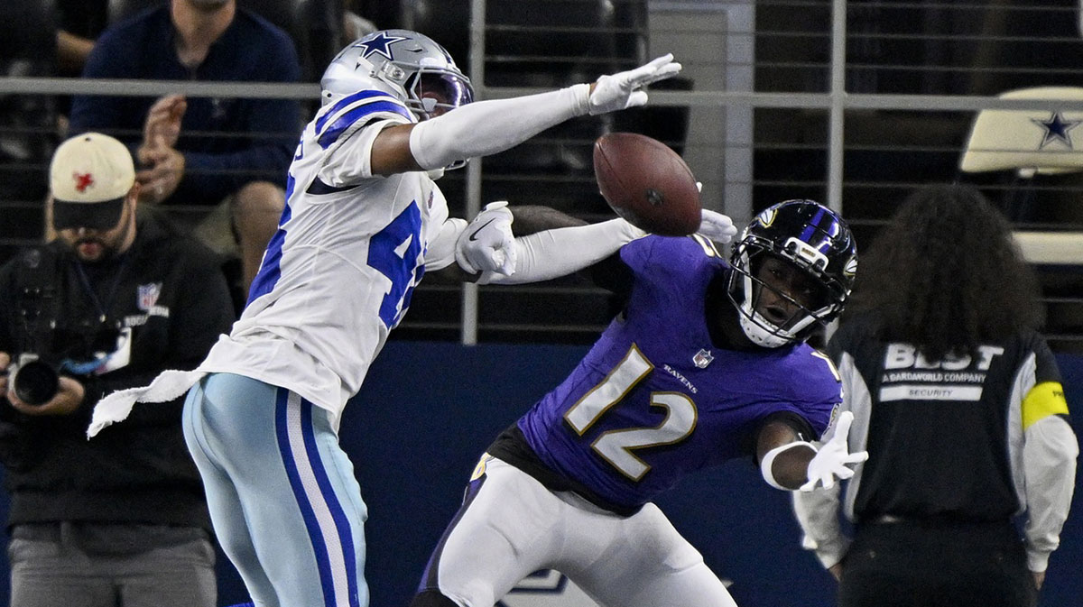 Dallas Cowboys cornerback Zion Childress (48) breaks up a pass intended for Baltimore Ravens wide receiver Malik Cunningham (12) during the second half at AT&T Stadium.