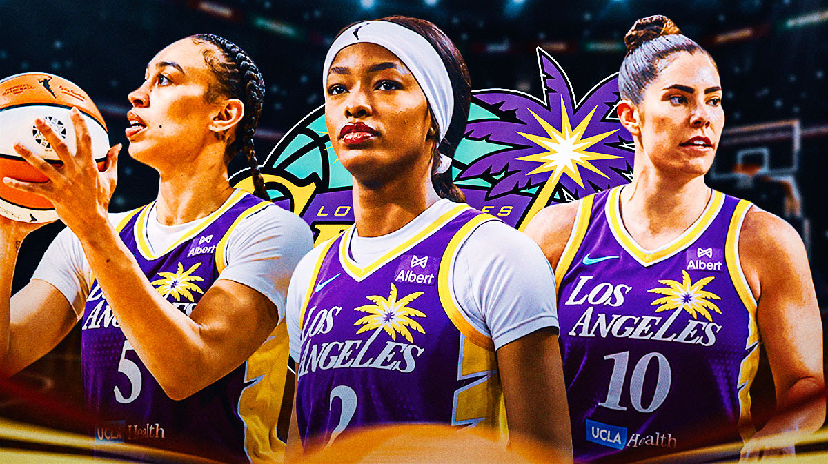 Dearica Hamby, Kelsey Plum, Rickea Jackson all beside each other, Los Angeles Sparks logo in the background