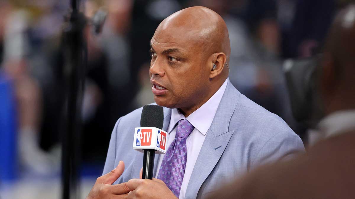 NBA TV analyst Charles Barkley talks on set before game three of the 2024 NBA Finals between the Boston Celtics and the Dallas Mavericks at American Airlines Center