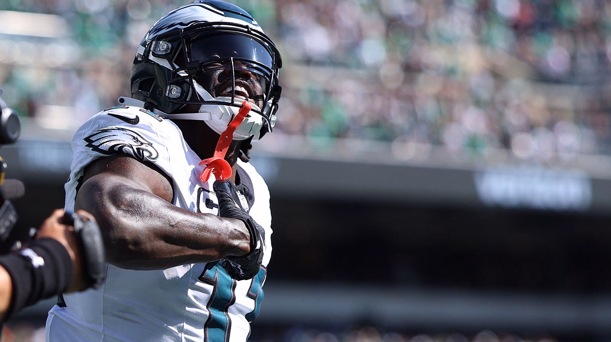 Philadelphia Eagles wide receiver AJ. Brown (11) reacts after scoring a touchdown against the Los Angeles Rams.