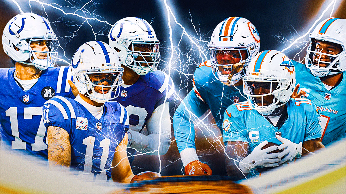 Tua Tagovailoa, Tyreek Hill, Bradley Chubb on one side, Daniel Jones, Michael Pittman Jr, DeForest Buckner on the other side, Lightning in the background