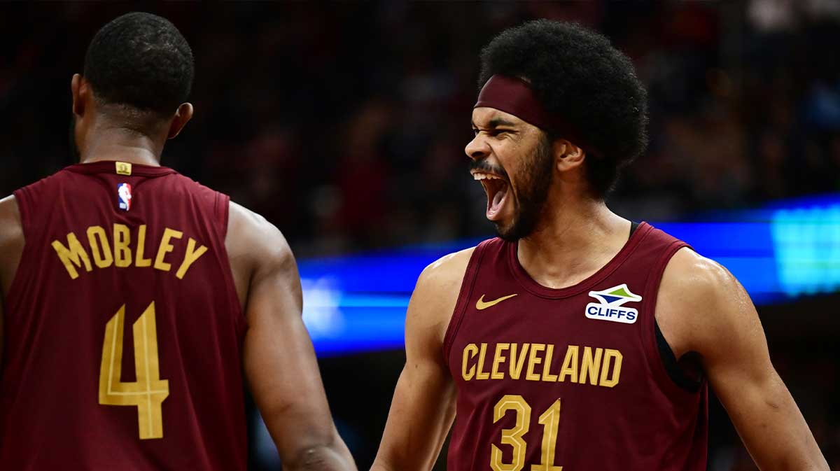 Cleveland Cavaliers center Jarrett Allen (31) and forward Evan Mobley (4) celebrate during the second half against the Milwaukee Bucks at Rocket Mortgage FieldHouse.