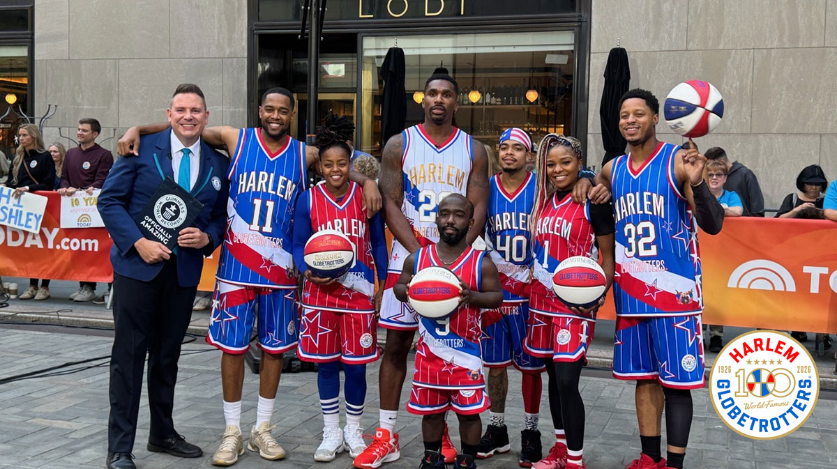 The Harlem Globetrotters in new uniforms designed by Jeff Hamilton