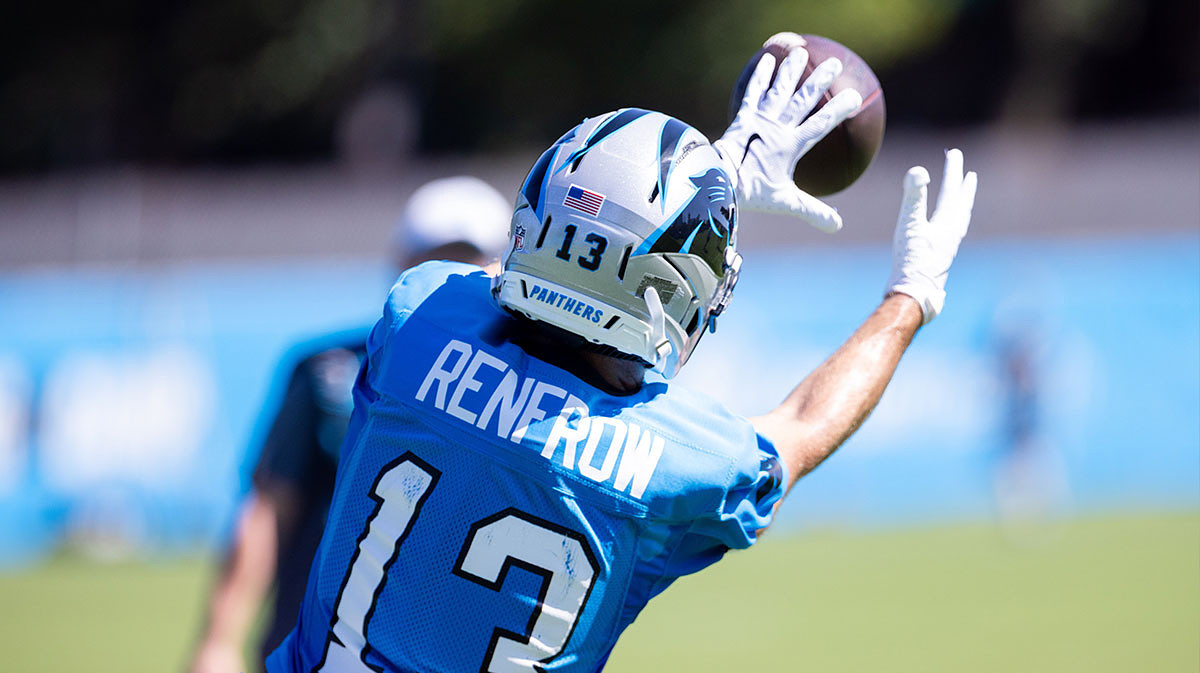 Carolina Panthers wide receiver Hunter Renfrow (13) makes a catch during training camp.