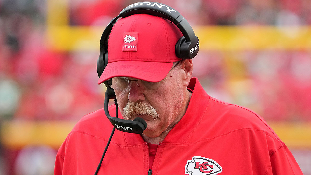 Kansas City Chiefs head coach Andy Reid looks on during the third quarter of the game against the Philadelphia Eagles at GEHA Field at Arrowhead Stadium.