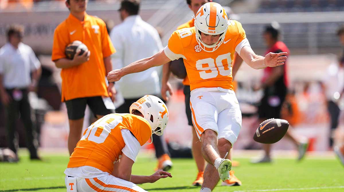 Tennessee place kicker Max Gilbert (90) kicks a field goal before a NCAA football game between Tennessee and Georgia at Neyland Stadium in Knoxville, Tennessee, on September 13, 2025.