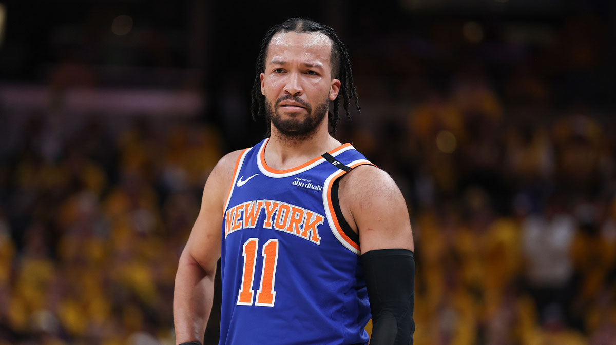 May 31, 2025; Indianapolis, Indiana, USA; New York Knicks guard Jalen Brunson (11) reacts in the second quarter during game six of the eastern conference finals against the Indiana Pacers for the 2025 NBA Playoffs at Gainbridge Fieldhouse. Mandatory Credit: Trevor Ruszkowski-Imagn Images