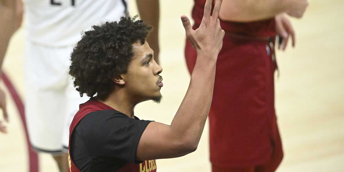 Cleveland Cavaliers guard Craig Porter Jr. (9) celebrates his three-point basket in the third quarter against the Brooklyn Nets at Rocket Arena.