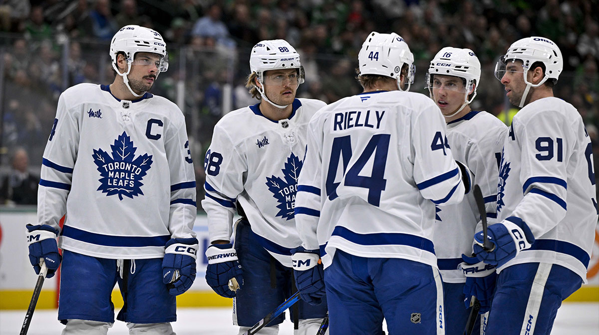 Toronto Maple Leafs center John Tavares (91) and right wing William Nylander (88) and defenseman Morgan Rielly (44) and center Auston Matthews (34) and right wing Mitch Marner (16) prepare to go on the power play against the Dallas Stars during the first period at the American Airlines Center.