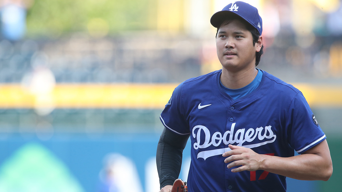 Los Angeles Dodgers two-way player Shohei Ohtani (17) jogs in from the outfield before the game against the Pittsburgh Pirates at PNC Park.