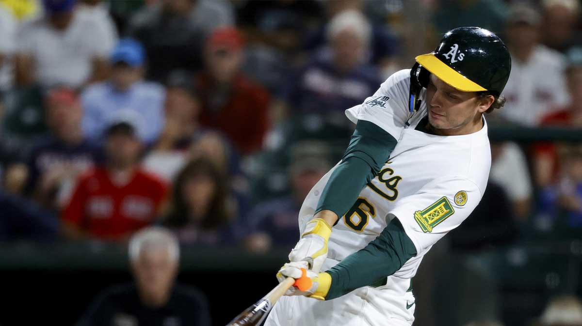 Athletics first baseman Nick Kurtz (16) singles during the fourth inning against the Boston Red Sox at Sutter Health Park.