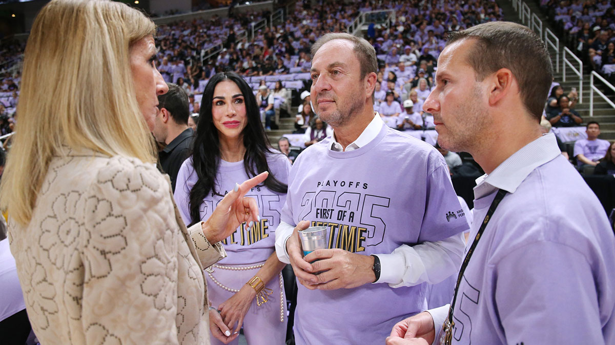 WNBA Commissioner Cathy Englebert talks with Golden State Valkryies owner Joe Lacob before the game against the Minnesota Lynx in game two of round one for the 2025 WNBA Playoffs at SAP Center.