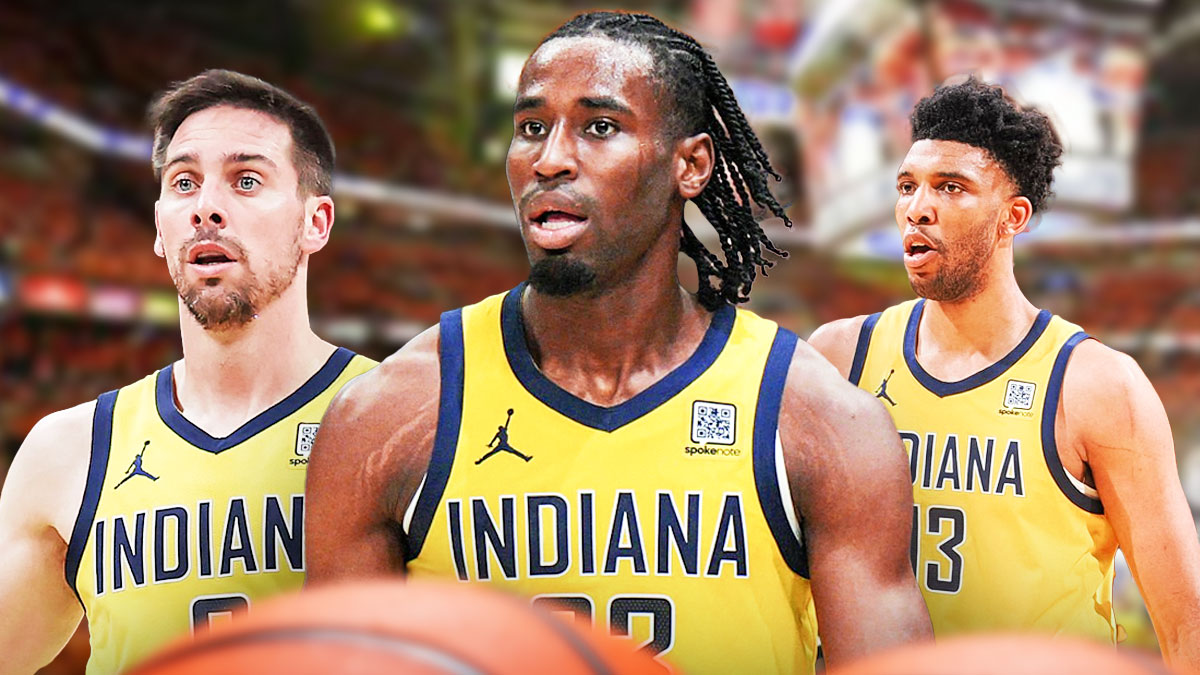 Pacers' Aaron Nesmith, TJ McConnell, and Tony Bradley looking on
