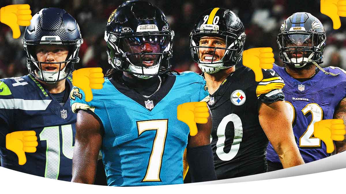 Zach Charbonnet, Brian Thomas Jr. T.J. Watt, Derrick Henry all together with thumbs down emojis on graphic.