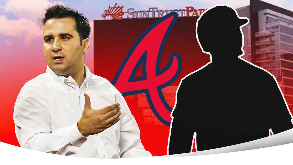 IMAGE: Atlanta Braves logo in center, Atlanta Braves GM Alex Anthopoulos on left side, blank player silhouette on right side, Truist Park (home stadium of the Atlanta Braves) in background