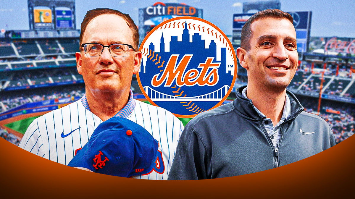 IMAGE: New York Mets owner Steven Cohen on the left side, New York Mets logo in the center, New York Mets president of baseball operations David Stearns on the right side, Citi Field (home stadium of the New York Mets) in background