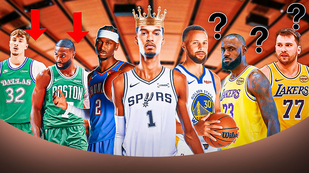 Victor Wembanyama in a crown, Cooper Flagg and Jaylen Brown trending down, LeBron James and Luka Doncic with question marks