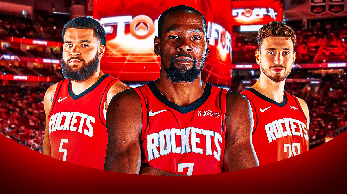 Kevin Durant, Alperen Sengun and Fred VanVleet in the ROckets jersey with their jersey number.1 unrealistic Rockets bold prediction for 2025-26 NBA season