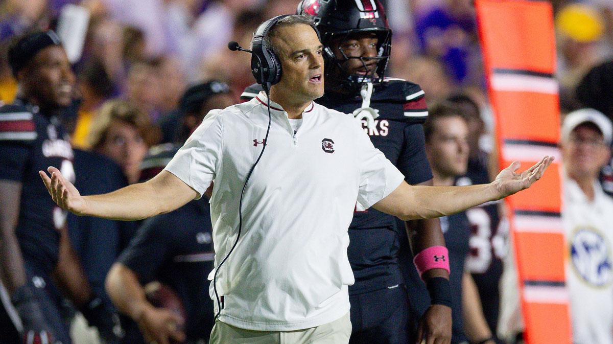 South Carolina Gamecocks head coach Shane Beamer reacts to a play against the LSU Tigers during the second half at Tiger Stadium.