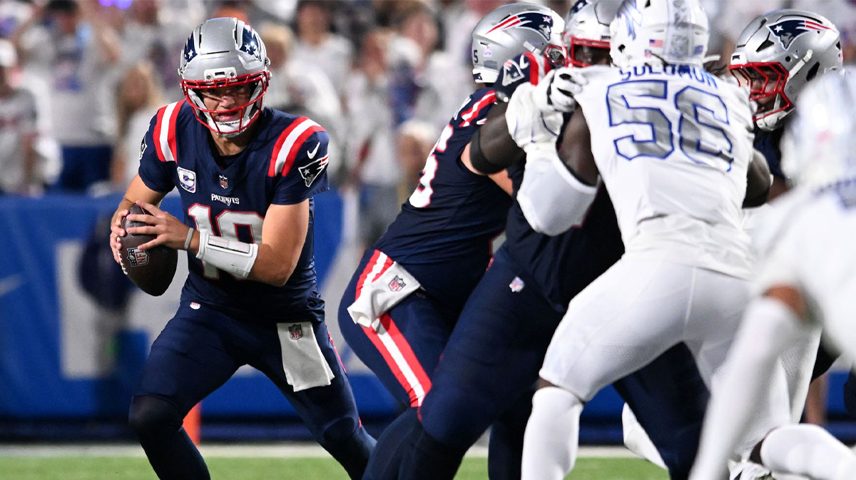 Oct 5, 2025; Orchard Park, New York, USA; New England Patriots quarterback Drake Maye (10) drops back to pass against the Buffalo Bills during the first half at Highmark Stadium. Mandatory Credit: Mark Konezny-Imagn Images