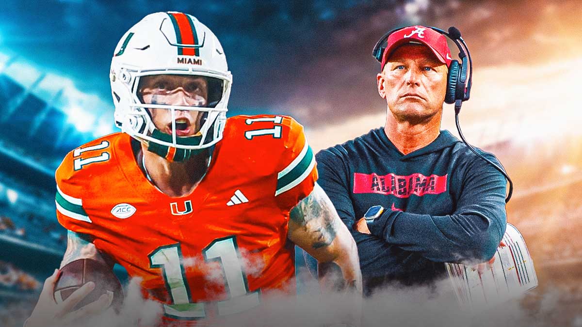 College Football Top 25 Week 7, Week 7 Top 25, Top 25, College Football Top 25, College Football Power Rankings, Carson Beck in Miami uni and Kalen DeBoer in Alabama gear with football background