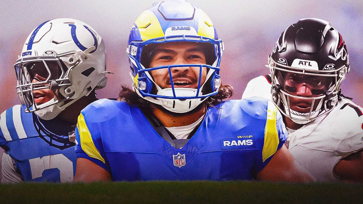Rams' Puka Nacua in the middle with Colts' Jonathan Taylor on one side and Falcons' Bijan Robinson on the other