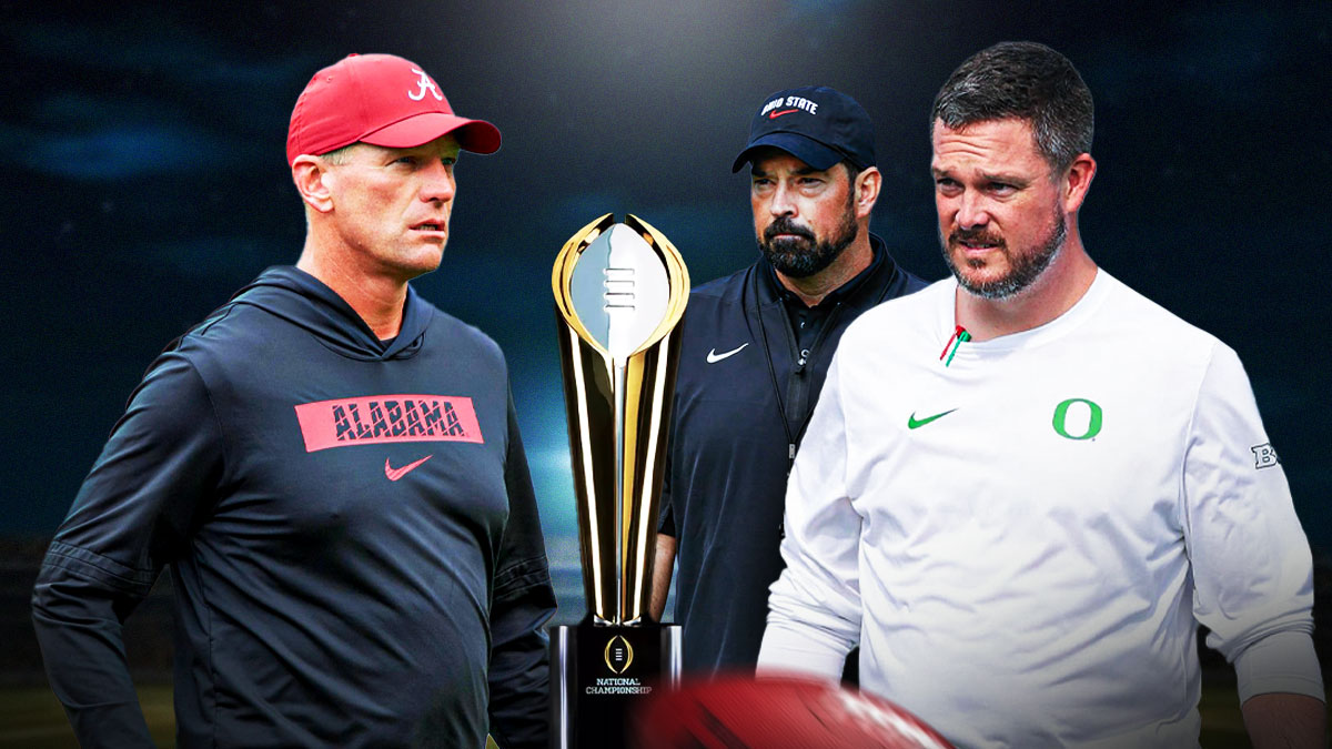 Week 6 College Football Playoff predictions, College Football Playoff, CFP, CFP predictions, College Football Playoff predictions, Kalen DeBoer in Alabama gear, Dan Lanning in Oregon gear, Ryan Day in Ohio State gear, CFP Trophy front and center, football background