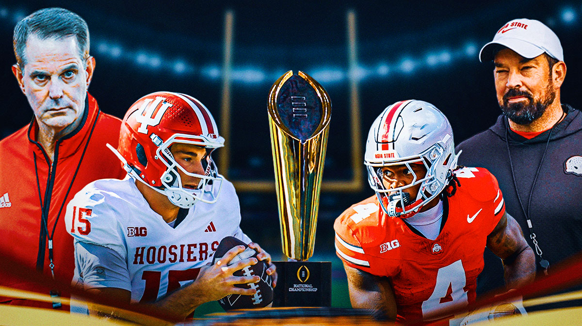 CFP championship trophy in the middle with Indiana HC Curt Cignetti, QB Fernando Mendoza on one side and Ohio State HC Ryan Day, WR Jeremiah Smith on the other side