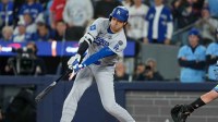 Los Angeles Dodgers two-way player Shohei Ohtani (17) hits. Double against the Toronto Blue Jays in the eighth inning for game six of the 2025 MLB World Series at Rogers Centre.